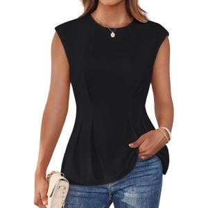 imageGRACE KARIN Womens Cap Sleeve Peplum Tops Crew Neck Elegant Dressy Casual Blouses Sleveeless Business Work ShirtsBlack