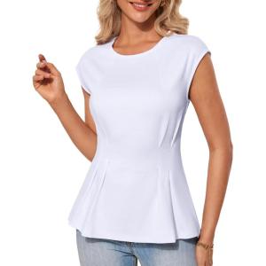 imageGRACE KARIN Womens Cap Sleeve Peplum Tops Crew Neck Elegant Dressy Casual Blouses Sleveeless Business Work ShirtsWhite
