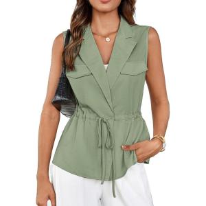 imageGRACE KARIN Womens Sleeveless Wrap Vest Tops Casual V Neck Peplum Dressy Blouse Drawstring Cardigan Outerwear ShirtsGreen