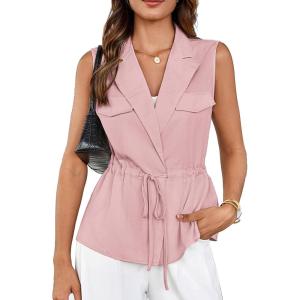 imageGRACE KARIN Womens Sleeveless Wrap Vest Tops Casual V Neck Peplum Dressy Blouse Drawstring Cardigan Outerwear ShirtsPink