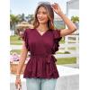 imageGRACE KARIN 2025 Short Sleeve Peplum Tops for Women Casual Summer Tie Wrap VNeck Ruffle Dressy TopsWine Red