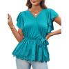 imageGRACE KARIN 2025 Short Sleeve Peplum Tops for Women Casual Summer Tie Wrap VNeck Ruffle Dressy TopsPeacock Blue