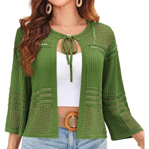imageGRACE KARIN Womens 34 Sleeve Cropped Cardigan Summer Tie Open Front Corchet Knit Lightweight Bolero Shrug SweatersGreen