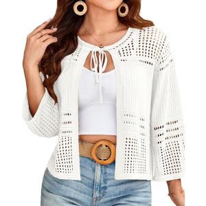imageGRACE KARIN Womens 34 Sleeve Cropped Cardigan Summer Tie Open Front Corchet Knit Lightweight Bolero Shrug SweatersIvory