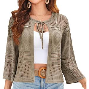 imageGRACE KARIN Womens 34 Sleeve Cropped Cardigan Summer Tie Open Front Corchet Knit Lightweight Bolero Shrug SweatersKhaki