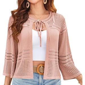 imageGRACE KARIN Womens 34 Sleeve Cropped Cardigan Summer Tie Open Front Corchet Knit Lightweight Bolero Shrug SweatersPink