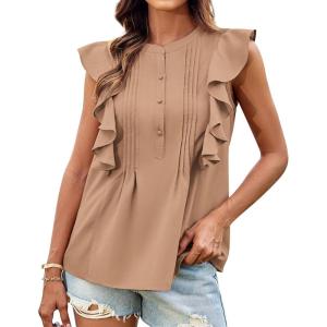imageGRACE KARIN Womens Casual Tops 2025 Summer Trendy Ruffle Cap Sleeves Babydoll Blouse Crewneck Button Down Peplum ShirtsKhaki