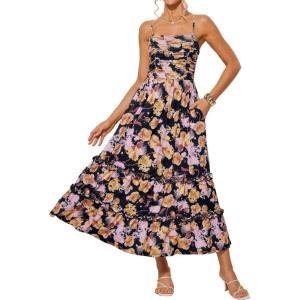 imageGRACE KARIN 2025 Womens Summer Floral Maxi Dress Casual Sleeveless Ruffle Tiered Wedding Guest Flowy Dresses with PocketsBlack Orange Floral