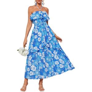 imageGRACE KARIN Women Summer Floral Maxi Dress Off The Shoulder Halter Sleeveless Ruffle ALine Wedding Beach SundressBlue White Print