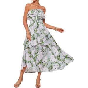 imageGRACE KARIN Women Summer Floral Maxi Dress Off The Shoulder Halter Sleeveless Ruffle ALine Wedding Beach SundressGreen White Flowers