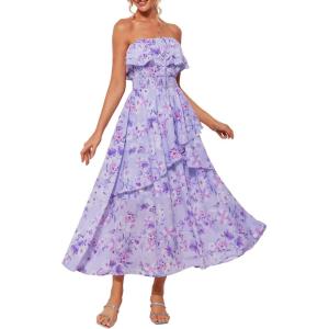 imageGRACE KARIN Women Summer Floral Maxi Dress Off The Shoulder Halter Sleeveless Ruffle ALine Wedding Beach SundressPurple White Print