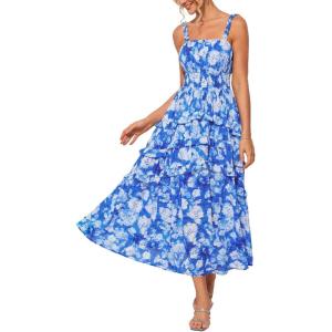 imageGRACE KARIN Womens Floral Summer Wedding Guest Dresses 2025 Trendy Long Flowy Smocked Tiered Maxi DressBlue Floral