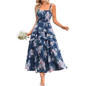 imageGRACE KARIN Womens Floral Summer Wedding Guest Dresses 2025 Trendy Long Flowy Smocked Tiered Maxi DressNavy Blue Floral
