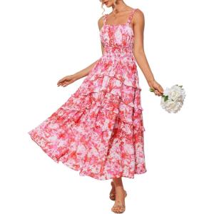 imageGRACE KARIN Womens Floral Summer Wedding Guest Dresses 2025 Trendy Long Flowy Smocked Tiered Maxi DressPink Floral