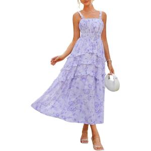 imageGRACE KARIN Womens Floral Summer Wedding Guest Dresses 2025 Trendy Long Flowy Smocked Tiered Maxi DressPurple Floral