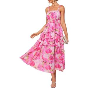 imageGRACE KARIN Womens Floral Summer Wedding Guest Dresses 2025 Trendy Long Flowy Smocked Tiered Maxi DressRose Red Floral