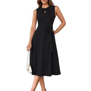 imageGRACE KARIN Women 2025 Summer Work Dress Sleeveless Tie Waist Elegant Party Cocktail A Line Flowy Midi Dresses with PocketsBlack