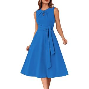 imageGRACE KARIN Women 2025 Summer Work Dress Sleeveless Tie Waist Elegant Party Cocktail A Line Flowy Midi Dresses with PocketsBlue