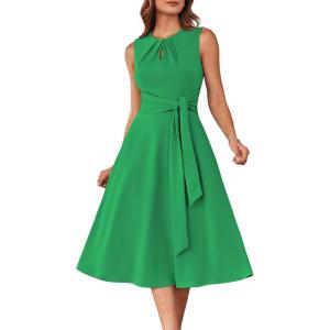 imageGRACE KARIN Women 2025 Summer Work Dress Sleeveless Tie Waist Elegant Party Cocktail A Line Flowy Midi Dresses with PocketsGreen