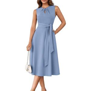imageGRACE KARIN Women 2025 Summer Work Dress Sleeveless Tie Waist Elegant Party Cocktail A Line Flowy Midi Dresses with PocketsGrey Blue