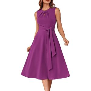 imageGRACE KARIN Women 2025 Summer Work Dress Sleeveless Tie Waist Elegant Party Cocktail A Line Flowy Midi Dresses with PocketsPurple Red