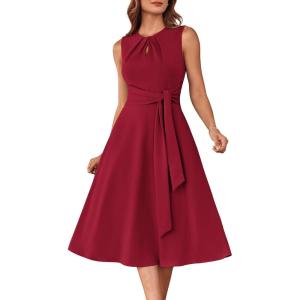 imageGRACE KARIN Women 2025 Summer Work Dress Sleeveless Tie Waist Elegant Party Cocktail A Line Flowy Midi Dresses with PocketsRed