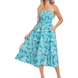 imageGRACE KARIN 2025 Womens Summer Floral Dress Strapless Smocked Tube Dress Boho Beach ALine Midi Dresses with PocketsBlue White Floral