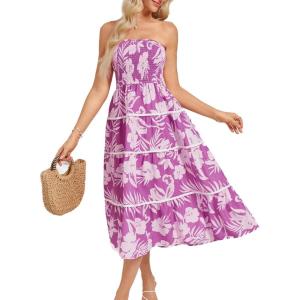 imageGRACE KARIN 2025 Womens Summer Floral Dress Strapless Smocked Tube Dress Boho Beach ALine Midi Dresses with PocketsPurple White Floral