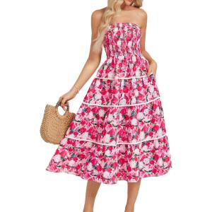 imageGRACE KARIN 2025 Womens Summer Floral Dress Strapless Smocked Tube Dress Boho Beach ALine Midi Dresses with PocketsRed Pink Floral