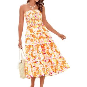 imageGRACE KARIN 2025 Womens Summer Floral Dress Strapless Smocked Tube Dress Boho Beach ALine Midi Dresses with PocketsYellow White Floral