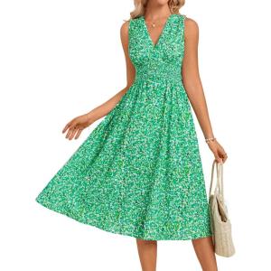 imageGRACE KARIN Womens 2025 Casual Summer Tank Dress V Neck Sleeveless Midi Floral Beach Dress with PocketsGreen Floral