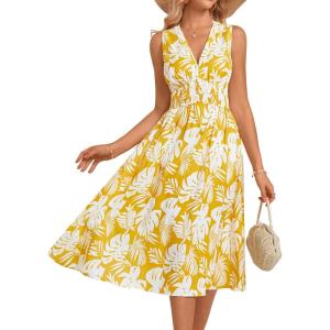 imageGRACE KARIN Womens 2025 Casual Summer Tank Dress V Neck Sleeveless Midi Floral Beach Dress with PocketsYellow Leaves