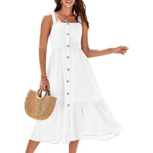 imageGRACE KARIN Womens Summer 2025 Midi Dress Spaghetti Strap Smocked Button Casual A Line Long Beach Flowy Sun Dresses PocketsWhite