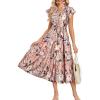imageGRACE KARIN Womens Summer Floral Midi Dresses Short Sleeve Beach Wedding Guest Dress Drawstring Long Flowy Dress with PocketsKhaki and Red Floral