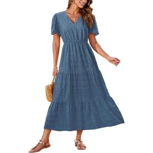 imageGRACE KARIN Summer Womens Maxi Dress Lace Flowy VNeck Bohemian Beach Sundress Casual Tiered Elastic Waist Long DressesGray Blue