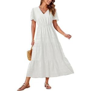 imageGRACE KARIN Summer Womens Maxi Dress Lace Flowy VNeck Bohemian Beach Sundress Casual Tiered Elastic Waist Long DressesWhite
