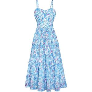 imageGRACE KARIN Womens Summer Floral Dress 2025 Spaghetti Strap Smocked Tiered Casual Boho Maxi Long Sundress with PocketsBlue Floral