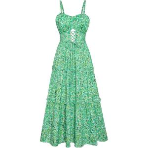 imageGRACE KARIN Womens Summer Floral Dress 2025 Spaghetti Strap Smocked Tiered Casual Boho Maxi Long Sundress with PocketsGreen Blue Floral