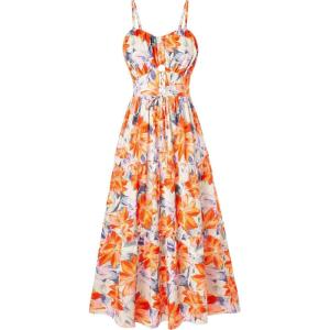 imageGRACE KARIN Womens Summer Floral Dress 2025 Spaghetti Strap Smocked Tiered Casual Boho Maxi Long Sundress with PocketsOrange Yellow Floral