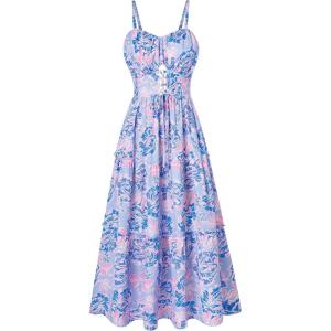 imageGRACE KARIN Womens Summer Floral Dress 2025 Spaghetti Strap Smocked Tiered Casual Boho Maxi Long Sundress with PocketsPurple Blue Floral