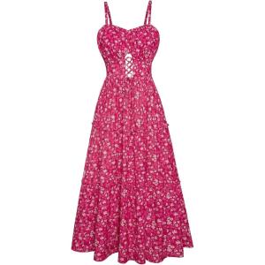 imageGRACE KARIN Womens Summer Floral Dress 2025 Spaghetti Strap Smocked Tiered Casual Boho Maxi Long Sundress with PocketsRose Red Floral