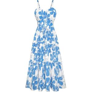 imageGRACE KARIN Womens Summer Floral Dress 2025 Spaghetti Strap Smocked Tiered Casual Boho Maxi Long Sundress with PocketsWhite Blue Floral