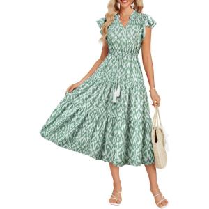 imageGRACE KARIN Womens Summer Floral Midi Dresses Short Sleeve Beach Wedding Guest Dress Drawstring Long Flowy Dress with PocketsGreen and White Floral