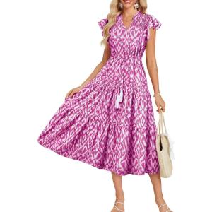 imageGRACE KARIN Womens Summer Floral Midi Dresses Short Sleeve Beach Wedding Guest Dress Drawstring Long Flowy Dress with PocketsPurple and White Floral