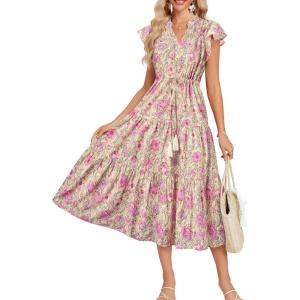 imageGRACE KARIN Womens Summer Floral Midi Dresses Short Sleeve Beach Wedding Guest Dress Drawstring Long Flowy Dress with PocketsYellow and Pink Floral