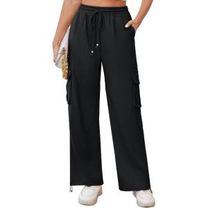 imageGRACE KARIN Womens Cargo Pants Wide Leg High Waisted Lounge Palazzo Pants 2025 Summer Hikling Work Trousers with PocketsBlack