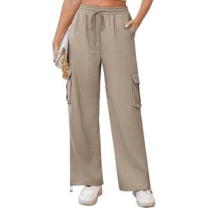 imageGRACE KARIN Womens Cargo Pants Wide Leg High Waisted Lounge Palazzo Pants 2025 Summer Hikling Work Trousers with PocketsKhaki