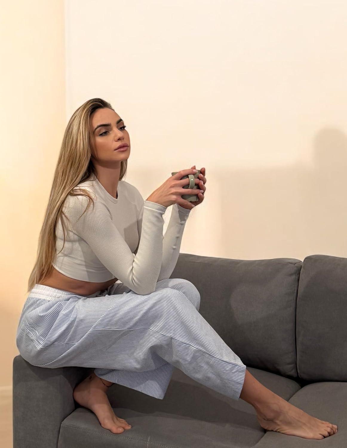 imageGRACE KARIN Women Cotton Palazzo Pants 2025 Summer Stripe Drawstring Loose Wide Leg Long Trousers with PocketsBlue White Stripe