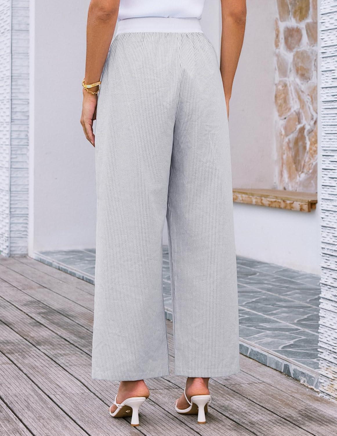 imageGRACE KARIN Women Cotton Palazzo Pants 2025 Summer Stripe Drawstring Loose Wide Leg Long Trousers with PocketsGrey White Stripe