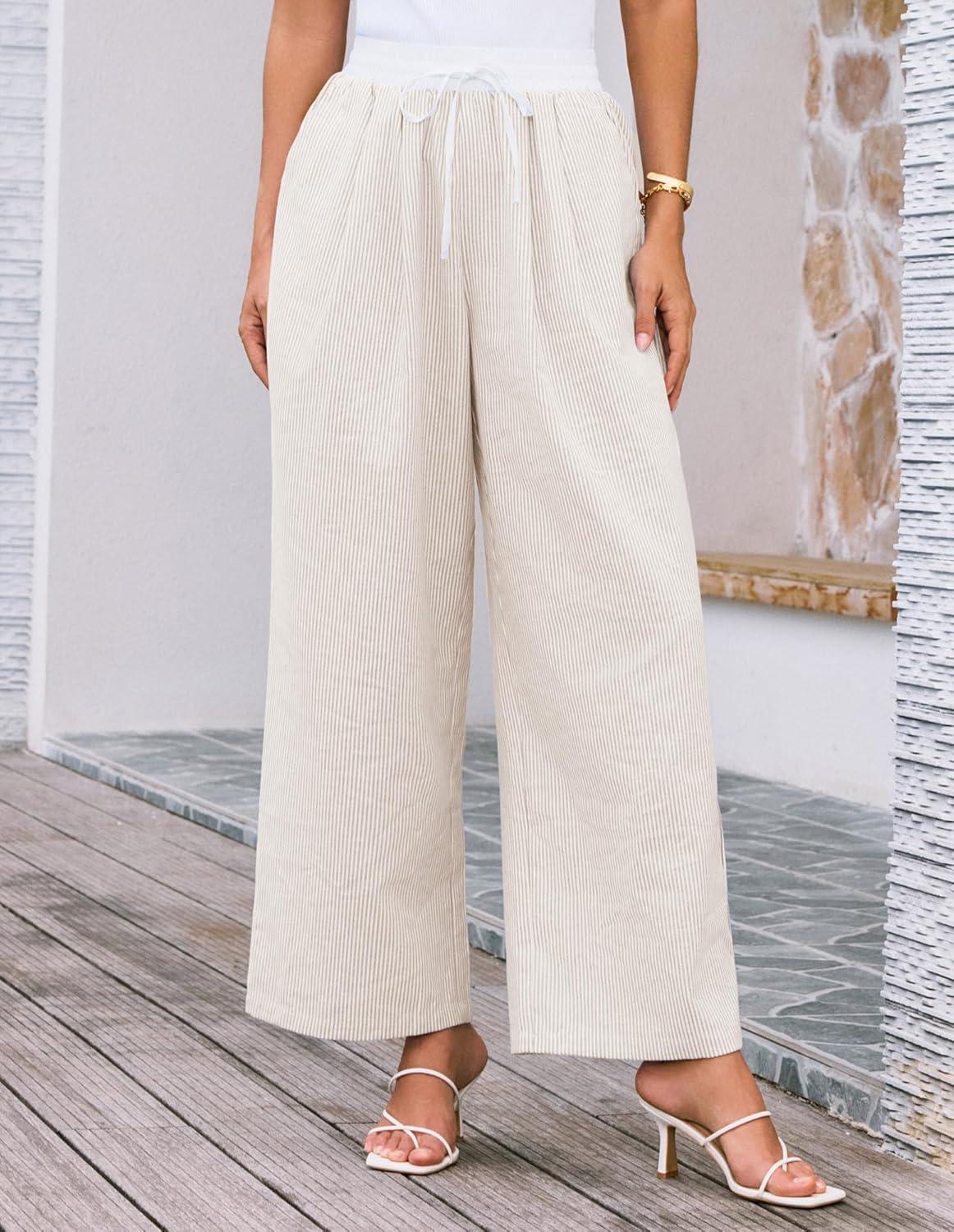 imageGRACE KARIN Women Cotton Palazzo Pants 2025 Summer Stripe Drawstring Loose Wide Leg Long Trousers with PocketsKhaki White Stripe